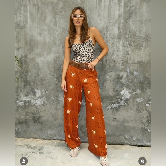 ZARA SUN PRINT BOHO LINEN BROWN WIDE LEG PANTS XS NWT - Picture 9 of 16